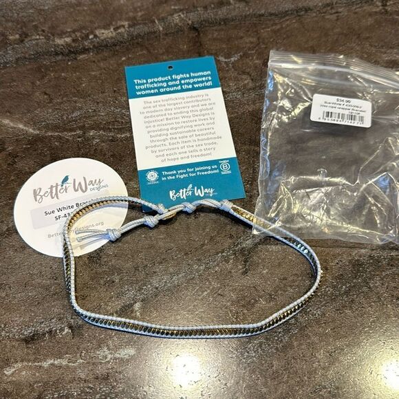 Better Way Sue white gray waxed rope/gold bead adjustable wrap bracelet. NWT. - Picture 3 of 4